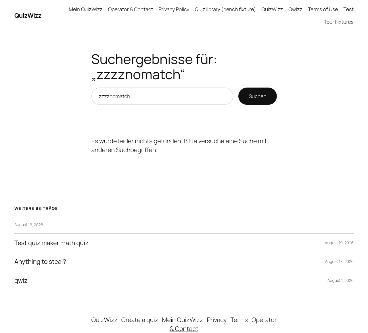 Empty search 'zzzznomatch': German no-results notice plus 'Weitere Beiträge' fallback list