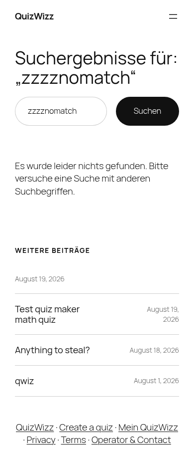 Mobile search 'zzzznomatch' — no-results copy + related posts list, footer links