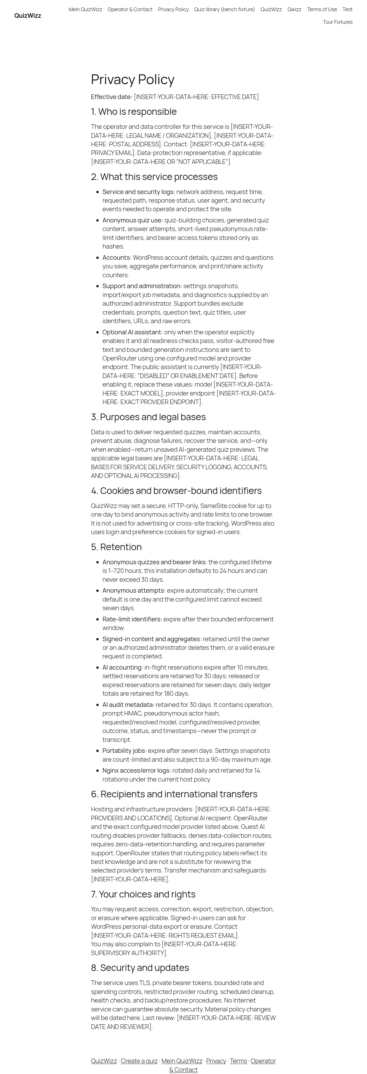 Privacy Policy full-height — every legal value is unfilled [INSERT-YOUR-DATA-HERE]