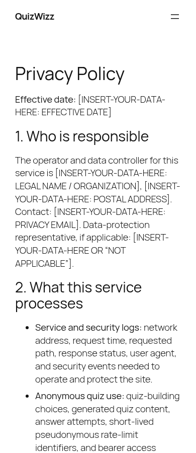 Privacy Policy mobile fold — heading plus intro sections show bracket placeholders