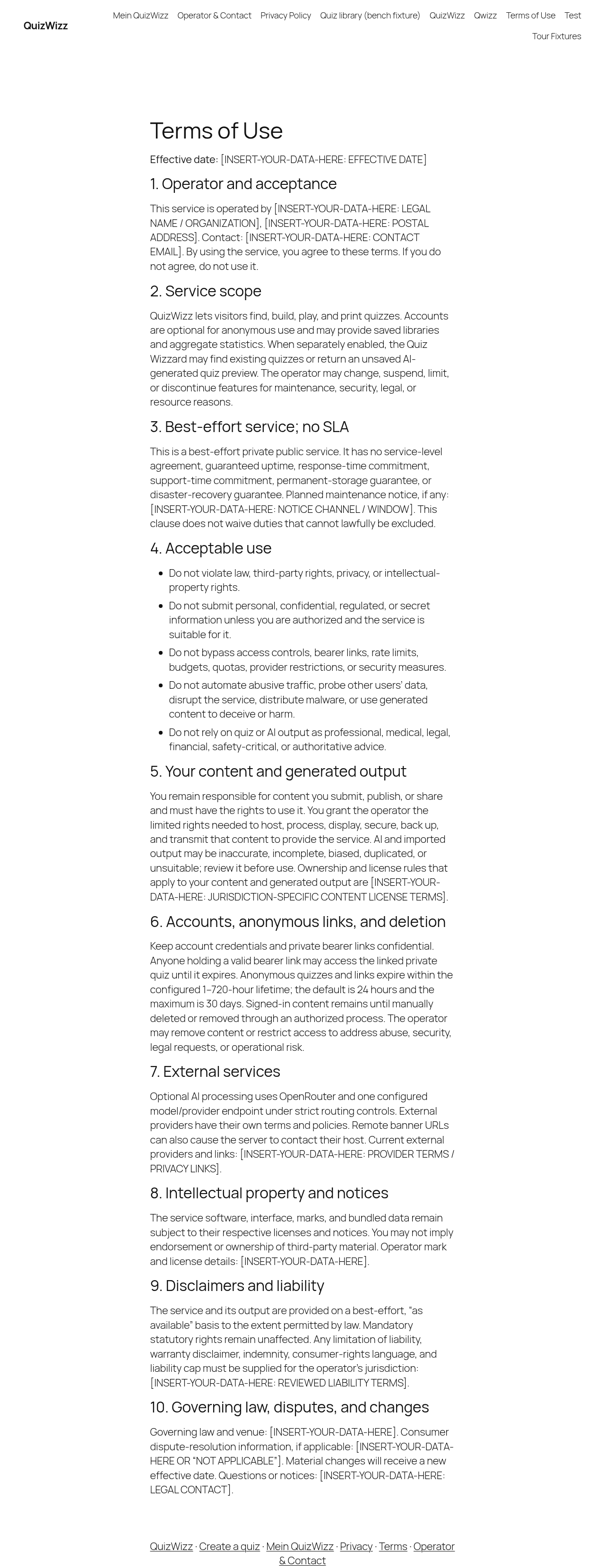 Terms of Use page entirely unfilled: every clause reads [INSERT-YOUR-DATA-HERE]