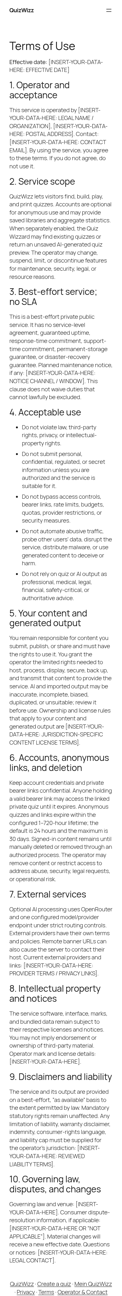 Mobile Terms of Use, full page: same placeholder text throughout all 10 sections