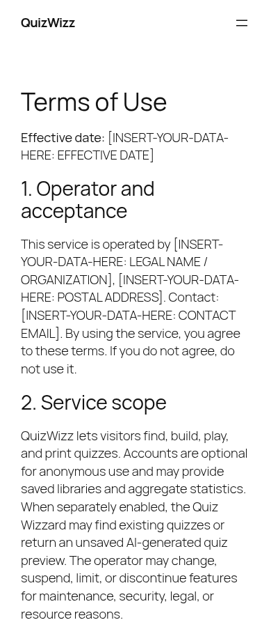 Mobile Terms of Use fold: title and Section 1 with unfilled placeholder data