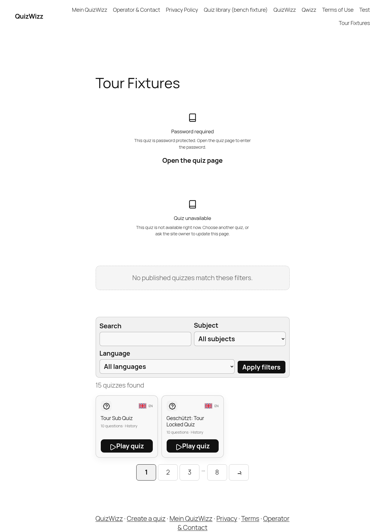 Desktop full page: fixtures with locked/unavailable panels, empty filter, library
