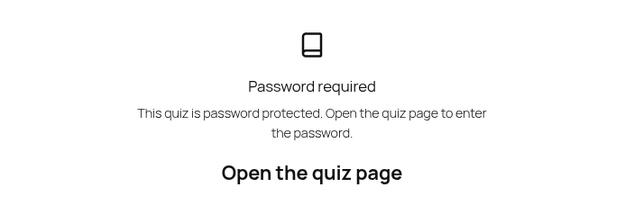 Desktop crop: 'Password required' embed panel with Open the quiz page link