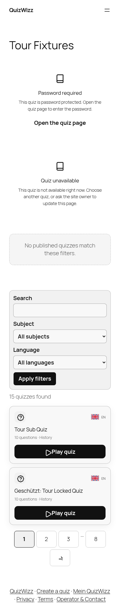 Mobile full page: fixtures, empty filter, 2-card library, pagination, footer