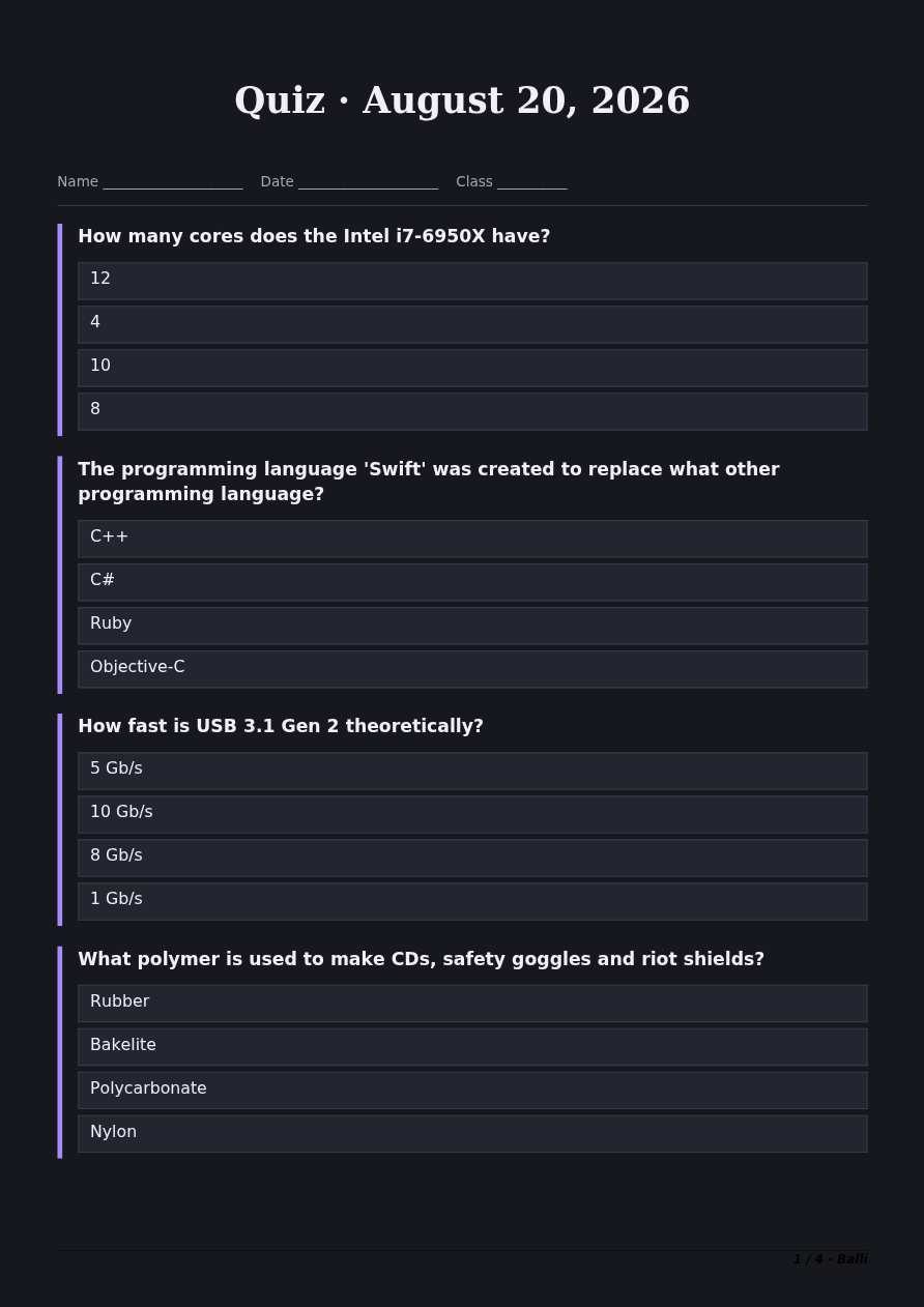 PDF worksheet: title, name/date/class fields, 4 MC questions, footer '1/4 · Balli'