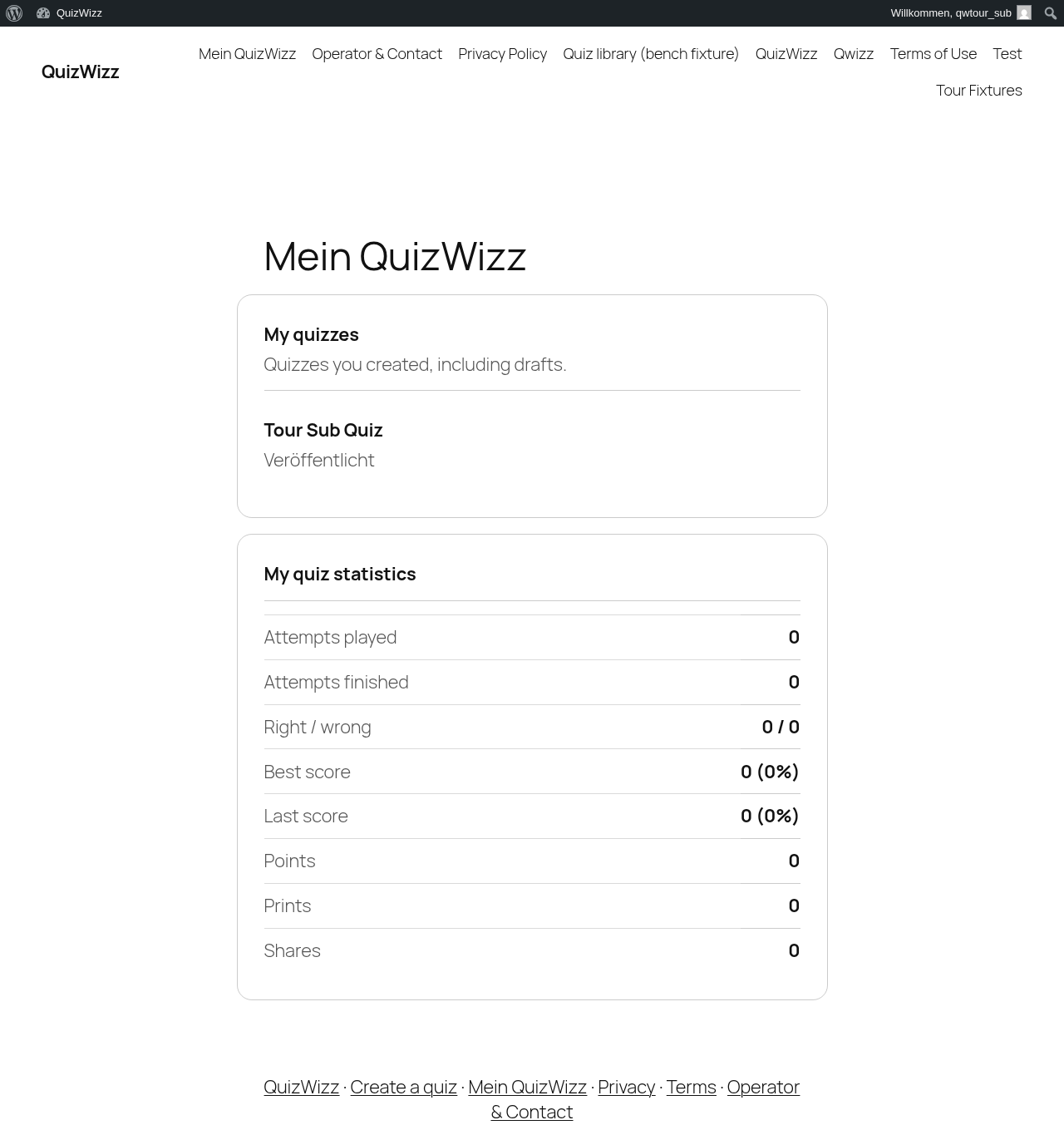 Subscriber 'Mein QuizWizz' full page: My quizzes list + My quiz statistics card, all zeros