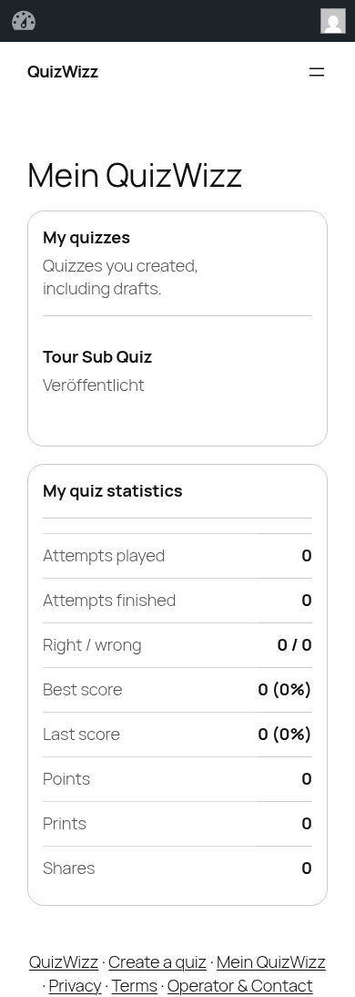 Mobile full-page: My quizzes + My quiz statistics stack cleanly, hamburger nav collapsed