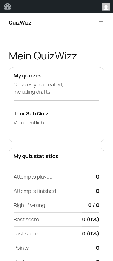 Mobile fold: hamburger header, 'Mein QuizWizz' heading, quizzes card top
