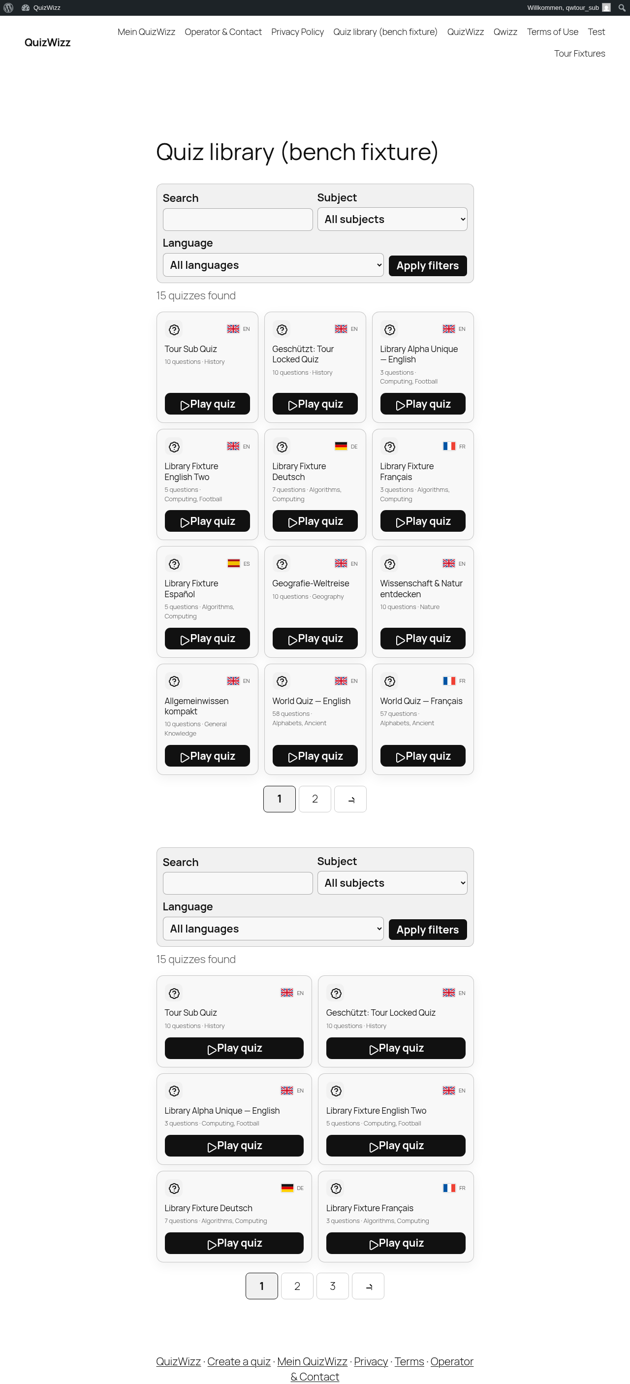 Library page renders filter form + 15-quiz grid TWICE on one page