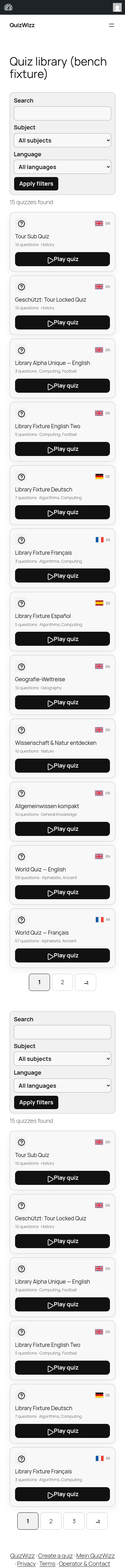 Mobile library page duplicates filter form + quiz grid, pager mismatch too