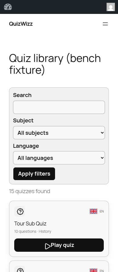 Mobile library: search/subject/language filters, 15 quizzes, first card 'Tour Sub Quiz'