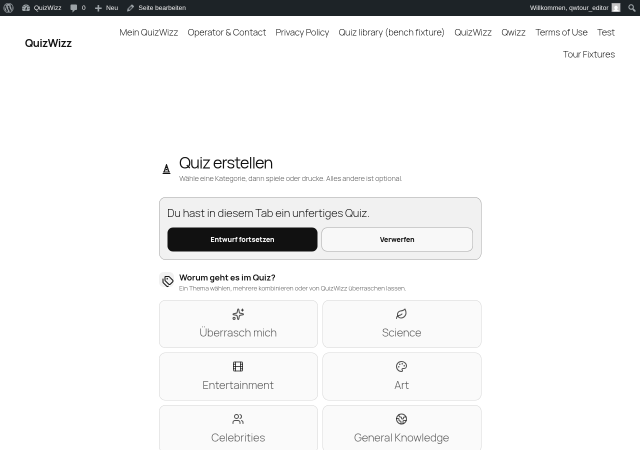DE-localized builder home: 'Quiz erstellen' hero, draft-resume banner, category grid