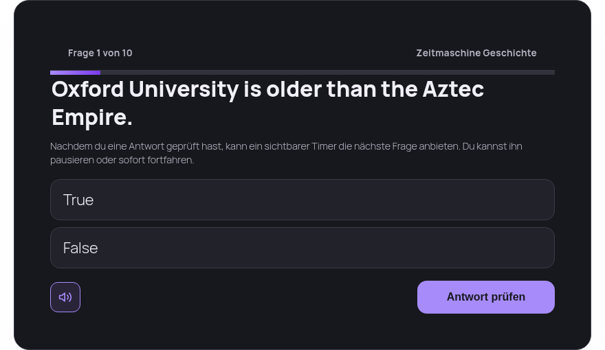 DE player question: 'Frage 1 von 10', Oxford true/false item, Antwort prüfen
