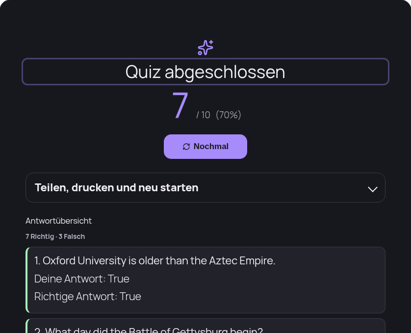DE player result: 'Quiz abgeschlossen', 7/10 (70%), Nochmal button, answer review