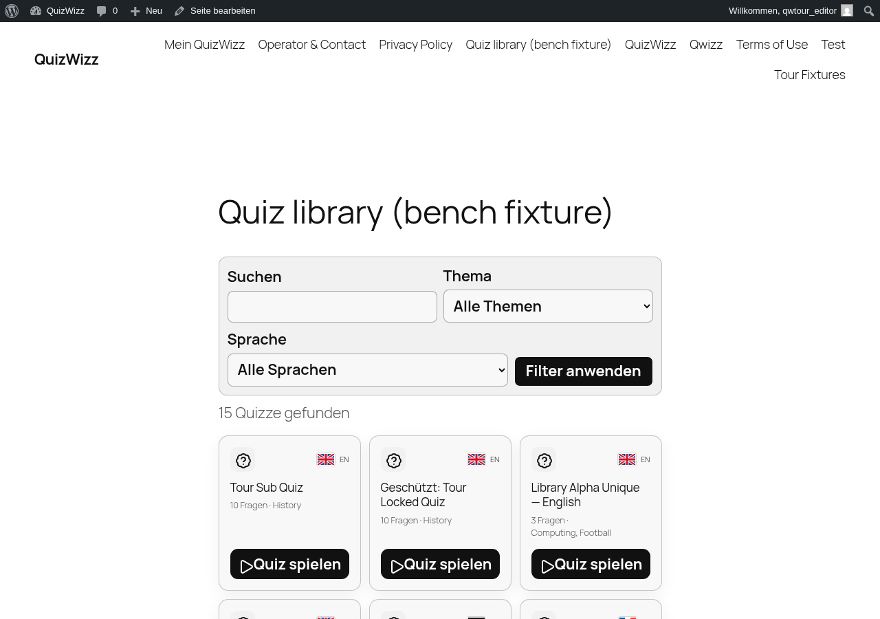 German library grid: Suchen/Thema/Sprache filters, 15 Quizze gefunden