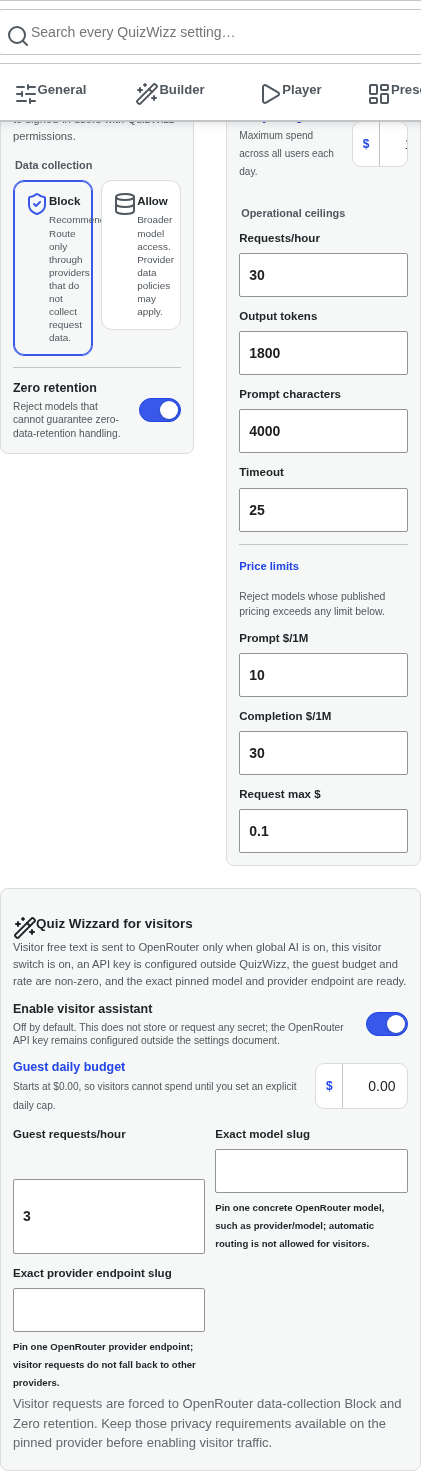 Quiz Wizzard for visitors: assistant toggle on, guest budget fields