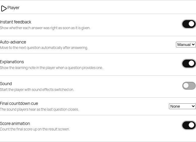 Player settings: Instant feedback on, Auto-advance Manual, Explanations on