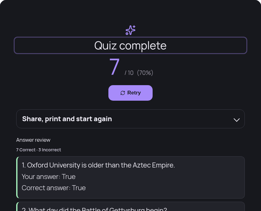 Quiz complete: static 7/10 (70%) score, Retry button, answer review list
