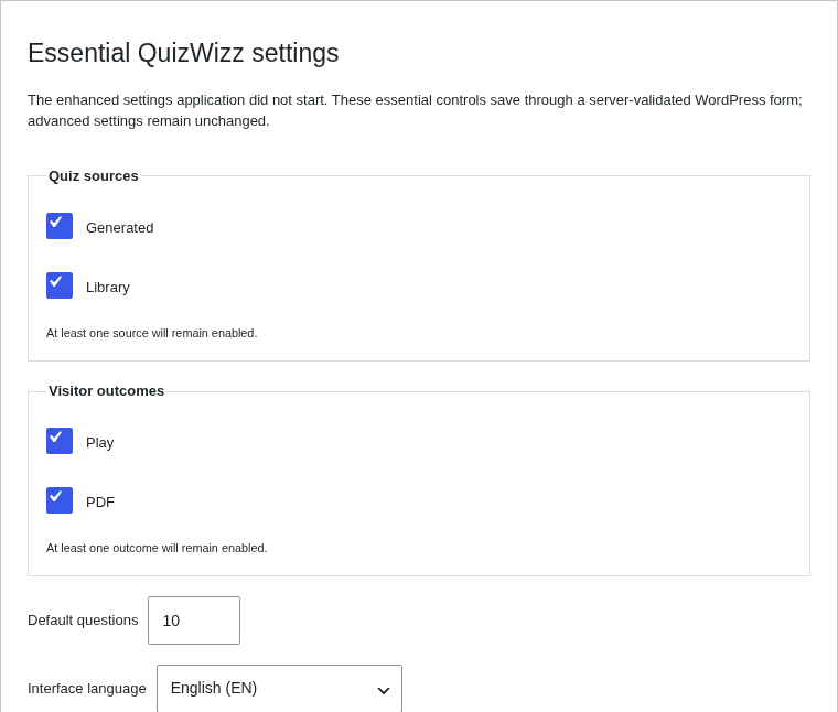 Noscript fallback: essential settings form with source/outcome checkboxes.