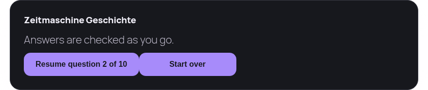 Dark resume card: Resume question 2 of 10 / Start over buttons.