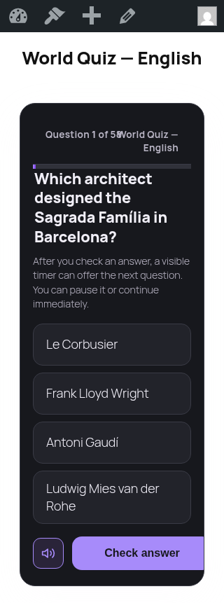 320px mobile reflow: toolbar, title, dark player card, Q1 of 58.