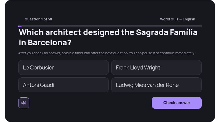 Site-default dark theme player: World Quiz, Q1 of 58.